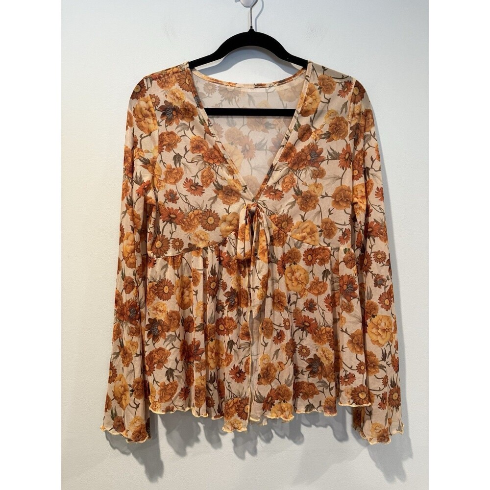 Floral Mesh Top Womens XL Fairy Festival Bell Sleeve Stretch Coquette Romantic